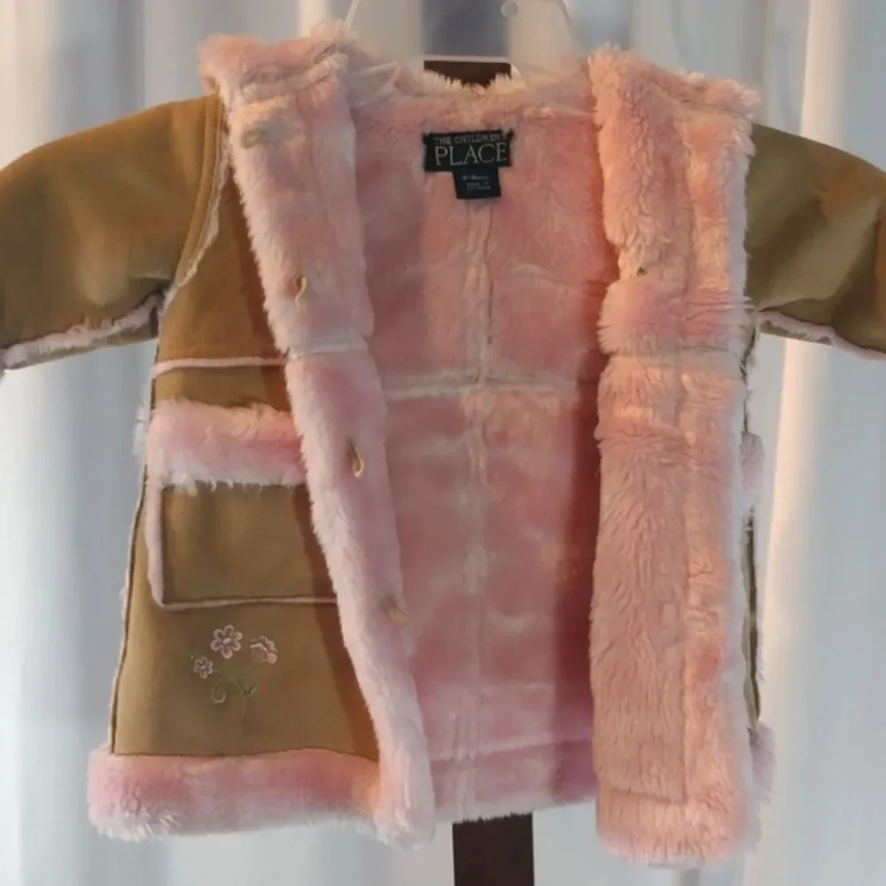 The Children's Place Baby Girl Faux Suede Sherpa Coat Pink Hooded 6-9M